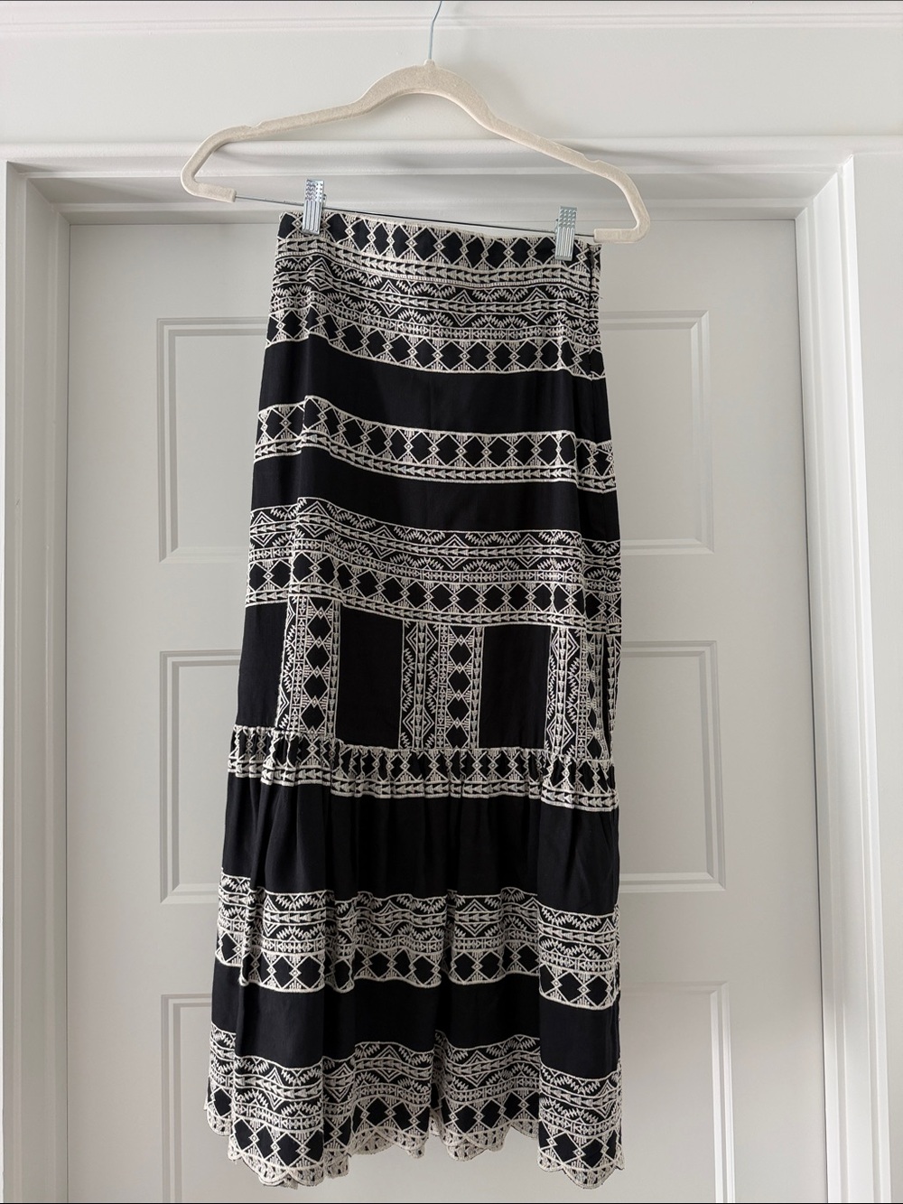 Zara Black and White Embroidered Maxi Skirt